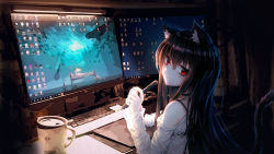 Rule 34 | 1girl, animal ear fluff, animal ears, artist self-insert, at computer, bare shoulders, black choker, black hair, blush, cable, cat ears, cat girl, cat tail, chair, choker, closed mouth, coffee, coffee mug, collarbone, commentary request, computer, corrupted metadata, cup, curtains, desk, drawing tablet, dress shirt, hair between eyes, highres, indoors, keyboard (computer), long hair, long sleeves, looking at viewer, monitor, mouse (computer), mousepad (object), mug, night, off shoulder, original, photo background, red eyes, shirt, sidelocks, solo, stylus, table, tail, tail raised, white shirt, xing, xingye (xing)