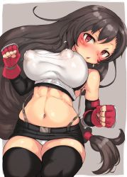 Rule 34 | 1girl, bare shoulders, black hair, black skirt, black thighhighs, blush, breasts, covered erect nipples, earrings, elbow gloves, female focus, final fantasy, final fantasy vii, fingerless gloves, gloves, head tilt, highres, imazon, jewelry, large breasts, long hair, looking at viewer, midriff, navel, nipples, open mouth, puffy nipples, red eyes, simple background, skirt, solo, suspenders, thighhighs, tifa lockhart