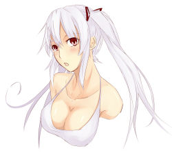 Rule 34 | 1girl, albino, blush, breasts, cleavage, hair ribbon, large breasts, long hair, open mouth, original, red eyes, ribbon, solo, takanashie, upper body, white hair
