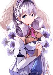 Rule 34 | 1girl, absurdres, ascot, blue eyes, braid, cowboy shot, crown braid, dress, flower, hairband, hand up, head wings, highres, looking at viewer, melia antiqua, puffy sleeves, risumi (taka-fallcherryblossom), short dress, short hair, smile, solo, white flower, wings, xenoblade chronicles: future connected, xenoblade chronicles (series), xenoblade chronicles 1