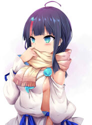 Rule 34 | 1girl, ahoge, bare shoulders, black hair, blue eyes, blue ribbon, blush, breasts, dress, fate/grand order, fate/requiem, fate (series), highres, jewelry, long sleeves, magatama, magatama hair ornament, magatama necklace, medium breasts, medium hair, multicolored hair, necklace, pelvic curtain, pink hair, puffy long sleeves, puffy sleeves, ribbon, scarf, sen (astronomy), short dress, sideboob, sideless outfit, sidelocks, solo, streaked hair, utsumi erice, white dress, yellow scarf