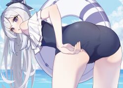 Rule 34 | 1girl, :o, absurdres, adjusting clothes, adjusting swimsuit, ass, blue archive, blue one-piece swimsuit, blush, eriri2000420, frilled one-piece swimsuit, frills, grey hair, highres, innertube, leaning forward, long hair, looking at viewer, looking back, miyako (blue archive), miyako (swimsuit) (blue archive), official alternate costume, one-piece swimsuit, outdoors, ponytail, purple eyes, solo, sweatdrop, swim ring, swimsuit, very long hair