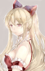 Rule 34 | 10s, 1girl, bare shoulders, blonde hair, bow, breasts, expressionless, frills, from side, granblue fantasy, grey background, hair between eyes, hair bow, hair over shoulder, long hair, looking at viewer, parted lips, ponytail, shunatsu (shisui), sidelocks, solo, upper body, vira (granblue fantasy)