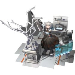 Rule 34 | 1girl, 3d printer, bare shoulders, black dress, bone, bonee (neural cloud), dress, flat chest, from above, girls&#039; frontline, girls&#039; frontline neural cloud, gloves, highres, long sleeves, looking up, medium hair, official art, open mouth, red eyes, sculpture, silver hair, solo, transparent background