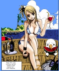 Rule 34 | bikini, blonde hair, breasts, cleavage, colorized, drink, fairy tail, lucy heartfilia, plue, swimsuit, third-party edit