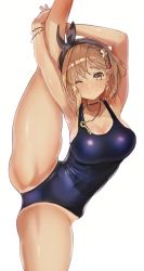 Rule 34 | 1girl, :3, armpits, arms up, atelier (series), atelier ryza, atelier ryza 1, bare legs, blue one-piece swimsuit, blush, braid, breasts, brown hair, cleavage, closed mouth, clover hair ornament, commentary, covered navel, cowboy shot, earrings, flexible, hair ornament, hairband, highres, jewelry, key, key necklace, large breasts, looking at viewer, medium hair, necklace, one-piece swimsuit, one eye closed, parted bangs, reisalin stout, school swimsuit, simple background, sleeveless, smile, solo, split, standing, standing on one leg, standing split, swimsuit, tan, tanline, thick thighs, thighs, usausanopopo5, white background, wristband, yellow eyes
