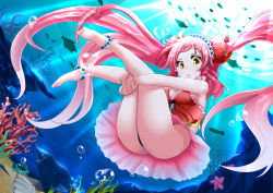 Rule 34 | 1girl, air bubble, anklet, bare legs, barefoot, breath, bubble, coral, dress, fish, freediving, hugging own legs, jewelry, long twintails, minato yoshihiro, ocean, original, red hair, sea turtle, starfish, turtle, twintails, underwater, zodiac