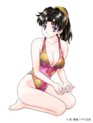 Rule 34 | 1girl, barefoot, black hair, breasts, cleavage, collarbone, floral print, full body, futari ecchi, jewelry, katsu aki, large breasts, long hair, looking at viewer, medium breasts, one-piece swimsuit, onoda yura, ponytail, purple eyes, ring, simple background, sitting, smile, solo, swimsuit, wedding ring, white background