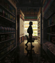 Rule 34 | 1girl, backlighting, backpack, bag, black hair, black thighhighs, blunt bangs, commentary, convenience store, from side, full body, guweiz, guweiz (style), hand in pocket, highres, holding, indoors, long sleeves, miniskirt, original, profile, reflection, reflective floor, shop, short hair, skirt, solo, sweater, thighhighs, walking