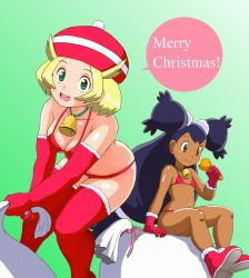 Rule 34 | 10s, 2girls, :p, bell, bent over, beret, bianca (pokemon), big hair, bikini, black hair, blonde hair, boots, breasts, brown eyes, chicken (food), christmas, cleavage, covered erect nipples, creatures (company), dark-skinned female, dark skin, eating, elbow gloves, english text, flat chest, food, game freak, gloves, green eyes, gym leader, hat, iris (pokemon), leaning forward, long hair, merry christmas, micro bikini, multiple girls, navel, nintendo, open mouth, pokemon, pokemon bw, purple hair, red gloves, red legwear, sack, short hair, sitting, smile, swimsuit, thighhighs, tof, tongue, tongue out, twintails, two side up, very long hair