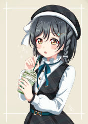 Rule 34 | 1girl, a pure and lovely moment (love live!), alternate hairstyle, artist name, artist request, belt, beret, black hair, black hat, black skirt, blue hair, bow, bowtie, braid, breasts, buttons, checkered clothes, checkered skirt, cup, dark blue hair, dark green hair, dress, drinking straw, green belt, green bow, grey background, hair between eyes, hair ornament, hairclip, hat, highres, holding, holding cup, long sleeves, looking at viewer, love live!, love live! nijigasaki high school idol club, love live! school idol festival, love live! school idol festival all stars, mifune shioriko, miniskirt, nail, nail polish, orange eyes, parted lips, pink nails, plaid, plaid skirt, pleated, pleated skirt, puffy long sleeves, puffy sleeves, red eyes, sharp teeth, short hair, single braid, skirt, small breasts, smile, solo, teeth, white bow, white dress