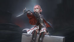 Rule 34 | 1girl, absurdres, armor, baka (mh6516620), capelet, dagger, fangs, fingerless gloves, gloves, green eyes, highres, knife, looking to the side, outstretched arm, parted lips, pink hair, short hair, solo, suitcase, thighhighs, vambraces, weapon