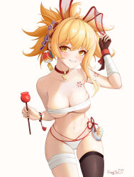 Rule 34 | 1girl, absurdres, animal ears, arm tattoo, bandaged leg, bandages, bandeau, bare shoulders, black gloves, black thighhighs, blonde hair, blush, breasts, candy apple, chest sarashi, chest tattoo, choker, cleavage, commentary request, cowboy shot, fake animal ears, fingerless gloves, food, genshin impact, gloves, grin, highres, holding, holding food, large breasts, long hair, looking at viewer, midriff, navel, panties, ponytail, rabbit ears, red choker, sarashi, simple background, single glove, single thighhigh, smile, solo, stomach, strapless, tattoo, thighhighs, tube top, underwear, white background, white panties, wrist wrap, xiangyu xiangyu, yellow eyes, yoimiya (genshin impact)