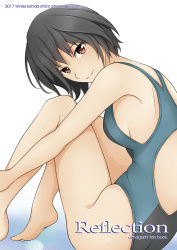 Rule 34 | 1girl, 2017, amagami, bare arms, bare legs, bare shoulders, barefoot, black hair, blue one-piece swimsuit, blush, breasts, closed mouth, competition swimsuit, copyright name, from side, kishida-shiki, knees up, lips, looking at viewer, looking to the side, nanasaki ai, one-piece swimsuit, red eyes, short hair, sideboob, simple background, sitting, small breasts, solo, swimsuit, thighs, tsurime, white background