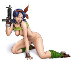 Rule 34 | 1girl, arm support, bare shoulders, blue hair, bottomless, breasts, brown eyes, brown gloves, clothes lift, colored pubic hair, curly hair, dragon ball, female pubic hair, fingerless gloves, gloves, gun, hair ribbon, hanging breasts, irotsuya, kneeling, lips, looking at viewer, loose socks, lunch (dragon ball), lunch (good) (dragon ball), navel, nipples, open mouth, pinky out, pubic hair, ribbon, shirt, shirt lift, shoes, smile, socks, solo, tank top, weapon