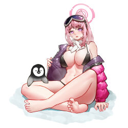 Rule 34 | 1girl, absurdres, baby penguin, barefoot, bikini, bird, black bikini, blue archive, breasts, bright pupils, cleavage, commentary, eimi (blue archive), eimi (swimsuit) (blue archive), feet, goggles, goggles on head, halo, head tilt, high ponytail, highres, indian style, jacket, large breasts, long hair, looking at viewer, mihua mh, nail polish, navel, off shoulder, open clothes, open jacket, open mouth, penguin, pink eyes, pink hair, pink jacket, pink nails, scarf, sidelocks, sitting, soles, solo, stomach, sweat, swimsuit, symbol-only commentary, toes, white pupils, white scarf