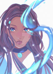 1girl avatar:_the_last_airbender avatar_legends blue_dress blue_eyes brown_hair choker commentary dark-skinned_female dark_skin deviantart_logo dress english_commentary highres katara long_hair looking_to_the_side purple_lips s7mire simple_background solo upper_body water white_background