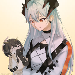Rule 34 | 1girl, arknights, bad id, bad pixiv id, beige background, black choker, character doll, choker, commentary, doll, earrings, feather hair, hair between eyes, holding, holding doll, horns, jewelry, long sleeves, red eyes, saria (arknights), shirt, silence (arknights), silver hair, smile, solo, upper body, white (iri), white shirt