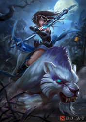 Rule 34 | 1girl, animal, arrow (projectile), blue eyes, bow (weapon), breasts, brown hair, cleavage, dota (series), dota 2, forest, highres, large breasts, long hair, mirana (dota), moon, nature, night, tiger, toeless legwear, weapon, white tiger