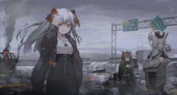 Rule 34 | 3girls, ahoge, animal ears, arknights, bird ears, black jacket, black legwear, black skirt, blonde hair, blouse, buttons, car, cloud, cloudy sky, crack, cracked floor, cup, demon horns, dragon horns, feather hair, fire, frown, fur-trimmed jacket, fur trim, glasses, glitch, green jacket, grey jacket, grey sky, grey theme, hand in own hair, high-waist skirt, highres, holding, holding cup, horns, ifrit (arknights), jacket, jewelry, long hair, looking at viewer, metsurin, motor vehicle, multiple girls, necklace, off shoulder, open clothes, open jacket, orange eyes, orange horns, originium (arknights), red eyes, road, road sign, saria (arknights), shirt, short hair, short twintails, sign, silence (arknights), silver hair, skirt, sky, smoke, strap, twintails, white shirt, zipper skirt