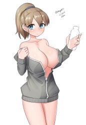 Rule 34 | 1girl, absurdres, blue eyes, bottle, breasts, brown hair, cleavage, cowboy shot, grey jacket, highres, holding, intrepid (kancolle), jacket, kantai collection, large breasts, looking at viewer, maru (marg0613), one-hour drawing challenge, open clothes, open jacket, ponytail, short hair, simple background, solo, twitter username, white background