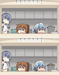 Rule 34 | 3girls, alternate costume, blue hair, brown eyes, brown hair, casual, clothes writing, commentary request, dated, fumizuki (kancolle), gotland (kancolle), grey eyes, grey hair, hair between eyes, hamu koutarou, hat, high ponytail, highres, indoors, kantai collection, kitchen, leaning to the side, light blue hair, long hair, looking away, mole, mole under eye, multiple girls, one-hour drawing challenge, ponytail, red eyes, sado (kancolle), sailor hat, shaded face, shirt, spot the differences, tongue, translation request, wavy hair, wavy mouth, white shirt