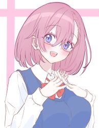 1girl 2.5_jigen_no_ririsa absurdres amano_ririsa blue_vest blush breasts glasses hair_between_eyes highres large_breasts looking_at_viewer momoriron open_mouth pink_hair purple_eyes red_ribbon ribbon school_uniform shirt short_hair sidelocks simple_background smile vest white_background white_shirt