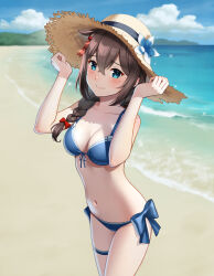 Rule 34 | 1girl, beach, bikini, blue bikini, blue eyes, blue flower, blush, braid, breasts, brown hair, brown hat, closed mouth, day, flower, hair between eyes, hair flaps, hat, hat flower, highres, kantai collection, long hair, medium breasts, navel, ocean, official alternate costume, open clothes, outdoors, porupurucha, shigure (kancolle), shigure kai san (kancolle), single braid, smile, solo, straw hat, swimsuit, thigh strap