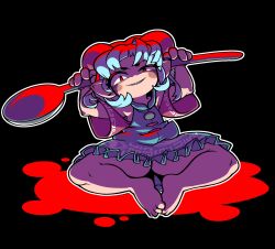 Rule 34 | 1girl, barefoot, black background, blue dress, blue hair, blush, commentary request, detached sleeves, dress, eye print, full body, grin, highres, holding, holding spoon, horns, looking at viewer, meandros, medium bangs, oversized object, patterned clothing, pointy ears, red eyes, red horns, red sleeves, shaded face, sharp teeth, sheep horns, short hair, sitting, smile, solo, spoon, teeth, thick eyebrows, tonchamon san, touhou, toutetsu yuuma