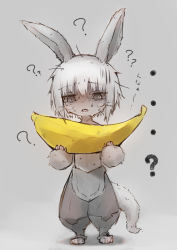 Rule 34 | 1other, ?, absurdres, akuto (akuto desu), animal ears, banana, body fur, confused, food, fruit, full body, furry, grey background, greyscale, highres, holding, holding food, made in abyss, monochrome, nanachi (made in abyss), open mouth, short hair, simple background, solo, spot color, standing, sweat, tail, whiskers, white hair