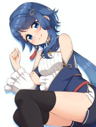 Rule 34 | 1girl, absurdres, bare shoulders, black thighhighs, blue eyes, blue hair, blush, braid, braided bangs, commentary, detached sleeves, frilled sleeves, frills, hair ornament, hairclip, highres, long hair, long sleeves, looking at viewer, low ponytail, lying, on side, project gen2, shiraha maru, simple background, single sidelock, smile, solo, tassel, thighhighs, tsubasa aiba, virtual youtuber, white background, wide sleeves