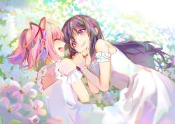 Rule 34 | 2girls, :d, ^ ^, akemi homura, armband, armpit crease, bare arms, bare shoulders, black hair, blush, clenched hands, closed eyes, closed mouth, dress, facing away, facing viewer, field, flat chest, flower, flower field, frilled armband, frills, furrowed brow, grass, hair ribbon, hand rest, happy, kaname madoka, laughing, lips, long hair, looking at another, luminous (madoka magica), mahou shoujo madoka magica, mahou shoujo madoka magica (anime), mahou shoujo madoka magica movie 1 &amp; 2, multicolored hair, multiple girls, nature, open mouth, outdoors, pink hair, profile, purple eyes, red ribbon, ribbon, seveneightdu, short twintails, sleeveless, sleeveless dress, smile, tareme, twintails, white dress, white flower