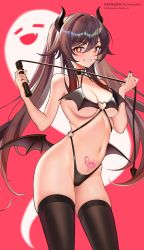 Rule 34 | 1girl, alternate costume, bat wings, black nails, black thighhighs, blush, breasts, brown hair, cowboy shot, demon horns, demon tail, demon wings, genshin impact, ghost, grin, hair between eyes, halloween, highres, holding, holding whip, horns, hu tao (genshin impact), lingerie, long hair, looking at viewer, medium breasts, nail polish, navel, pantheon eve, patreon username, pubic tattoo, red background, red eyes, revealing clothes, skindentation, smile, solo, star-shaped pupils, star (symbol), stomach tattoo, symbol-shaped pupils, tail, tattoo, teeth, thighhighs, twintails, underwear, very long hair, whip, wings