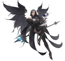 Rule 34 | 1girl, absurdres, angel wings, armor, armored dress, bare shoulders, black dress, black gloves, black hair, black thighhighs, boots, breasts, commentary, daeho cha, detached sleeves, dress, earrings, english commentary, feathered wings, feathers, fingernails, floating, full body, gloves, glowing, grey eyes, halter dress, halterneck, hand up, high heel boots, high heels, highres, holding, holding staff, hoop earrings, jewelry, large breasts, leg up, levitation, lips, long hair, looking at viewer, magic, magic circle, mu origin, parted lips, partially fingerless gloves, photoshop (medium), pink lips, see-through, signature, simple background, sitting, sitting on object, solo, staff, thigh strap, thighhighs, thighhighs under boots, vambraces, white background, wings, zettai ryouiki