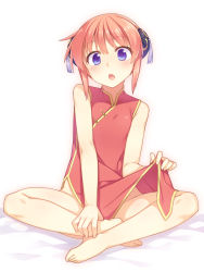 Rule 34 | 1girl, bare arms, bare legs, bare shoulders, barefoot, blush, bun cover, chestnut mouth, china dress, chinese clothes, clothes lift, double bun, dress, dress lift, feet, gintama, hair bun, hands on feet, highres, indian style, kagura (gintama), looking at viewer, no panties, open mouth, purple eyes, racer (magnet), red dress, red hair, side slit, sitting, skirt, skirt lift, solo, spread legs
