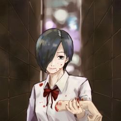 Rule 34 | 1girl, alley, black hair, blood, blood on face, blood on clothes, grey eyes, guro, hair over one eye, highres, kirishima touka, makko (user kvud5535), severed arm, severed limb, short hair, solo, tokyo ghoul