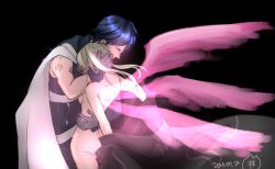 Rule 34 | 1boy, 1girl, asymmetrical clothes, back, black background, blue hair, breasts, cape, chrom (fire emblem), closed eyes, clothed male nude female, coat, unworn coat, dated, fire emblem, fire emblem awakening, gloves, glowing, glowing wings, hand on another&#039;s head, hood, hooded coat, multiple wings, nekko donburi, nintendo, nude, robin (female) (fire emblem), robin (fire emblem), short hair, shoulder tattoo, sideboob, simple background, single sleeve, strap, tattoo, twintails, wings