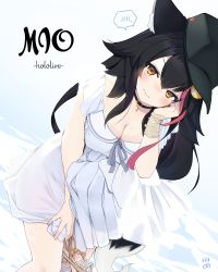 Rule 34 | 1girl, animal ear fluff, animal ears, baseball cap, bell, black choker, black hair, black hat, blush, breasts, character name, choker, cleavage, closed mouth, commentary, copyright name, cowboy shot, dress, embarrassed, hair between eyes, hair ornament, hand on own cheek, hand on own face, hat, highres, hololive, leaning forward, long hair, looking at viewer, medium breasts, multicolored hair, neck bell, nejime, ookami mio, orange eyes, red hair, sandals, signature, sleeveless, sleeveless dress, solo, spoken blush, streaked hair, sweat, tail, thighs, two-tone hair, unworn footwear, unworn sandals, virtual youtuber, wavy mouth, white dress, wolf ears, wolf tail