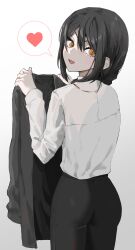 Rule 34 | 1girl, absurdres, ass, black coat, black hair, black pants, chainsaw man, coat, heart, highres, kownoma, looking at viewer, nayuta (chainsaw man), open mouth, pants, ringed eyes, simple background, spoken heart, white background, yellow eyes