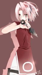 Rule 34 | 1girl, artist request, cowboy shot, dress, expressionless, flat chest, green eyes, haruno sakura, headband, headdress, holding, holding weapon, holster, kunai, looking to the side, naruto, naruto (series), no pants, pink hair, red dress, short hair, side slit, sleeveless, sleeveless dress, solo, thigh holster, thigh strap, third-party source, weapon, wind