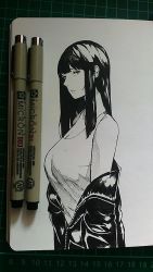 Rule 34 | 1girl, bare shoulders, black eyes, black hair, blunt bangs, breasts, buttons, cleavage, commentary, english commentary, greyscale, jacket, long hair, looking at viewer, lynus, monochrome, open clothes, open jacket, original, tank top, traditional media, zipper