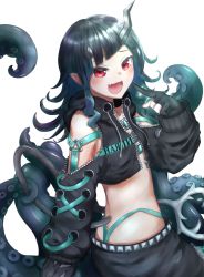 Rule 34 | 1girl, nanashi inc., akagane mic, asymmetrical gloves, belt, belt bra, black gloves, black hair, black jacket, black skirt, blue belt, blue hair, blue panties, blush, chest belt, clothing cutout, commentary request, cowboy shot, cropped jacket, cross-laced clothes, cross-laced sleeves, demon girl, demon horns, demon tail, flat chest, gloves, grey skirt, highleg, highleg panties, horns, jacket, layered skirt, long hair, long sleeves, looking at viewer, multicolored hair, open clothes, open jacket, open mouth, panties, partially fingerless gloves, pointy ears, red eyes, shishio chris, shoulder cutout, skirt, smile, solo, sugar lyric, tail, tentacles, transparent background, twisted torso, two-tone hair, underwear, virtual youtuber, zipper, zipper skirt