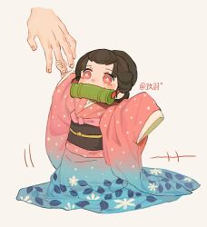 Rule 34 | 1girl, age regression, aged down, alternate universe, arms up, artist name, bamboo, bit gag, black hair, blue kimono, blush, child, floral print, flower-shaped pupils, full body, gag, gagged, hair pulled back, holding another&#039;s finger, japanese clothes, jiuyu0, kimetsu no yaiba, kimono, koyuki (kimetsu no yaiba), long sleeves, nihongami, out of frame, oversized clothes, pink kimono, polka dot, polka dot kimono, red eyes, simple background, sleeves past fingers, sleeves past wrists, solo focus, symbol-shaped pupils, two-tone kimono, updo, vine print, walking, wide sleeves
