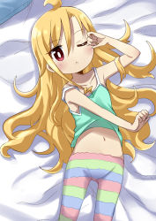 Rule 34 | 1girl, :&lt;, ahoge, amaa (chou dennou jidai), blonde hair, blush, camisole, camisole lift, clothes lift, collarbone, eyes visible through hair, green camisole, hair between eyes, looking at viewer, lying, midriff, midriff peek, multicolored clothes, multicolored pants, navel, official art, on back, on bed, one eye closed, pants, print clothes, print legwear, red eyes, rubbing eyes, shimura akihiko, sleepy, solo, strap slip, stretching, striped clothes, striped pants, waking up, yo-jo life!