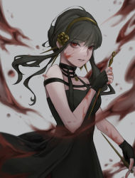 Rule 34 | 1girl, absurdres, black choker, black dress, black gloves, black hair, blood, blood on face, blood splatter, breasts, brown flower, brown hairband, choker, cleavage, closed mouth, dress, dual wielding, earrings, etemaruru, fingerless gloves, floating hair, gloves, grey background, grey lips, hairband, highres, holding, holding weapon, jewelry, looking at viewer, medium breasts, red eyes, short hair with long locks, sidelocks, sleeveless, sleeveless dress, solo, spy x family, standing, weapon, yor briar