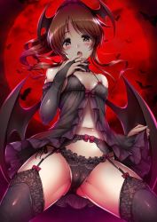 Rule 34 | 1girl, bare shoulders, bat (animal), black gloves, black panties, black thighhighs, blush, bow, breasts, brown eyes, brown hair, cameltoe, cleavage, cleft of venus, collarbone, commentary, covered erect nipples, cowboy shot, demon wings, detached collar, elbow gloves, fang, frills, garter belt, garter straps, gloves, gluteal fold, groin, head wings, heart, heart-shaped pupils, high ponytail, highres, idolmaster, idolmaster cinderella girls, lace, lace-trimmed legwear, lace trim, licking, licking finger, lingerie, long hair, looking at viewer, ment, moon, navel, open mouth, panties, ponytail, red bow, red moon, saliva, sidelocks, small breasts, solo, spread legs, stomach, symbol-shaped pupils, takamori aiko, thighhighs, thighs, underwear, wings