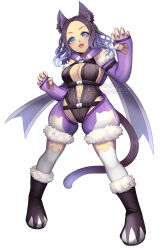 Rule 34 | absurdres, animal ear fluff, animal ears, belt, belt buckle, blue eyes, blue nails, boots, breasts, buckle, cat ears, cat girl, cat tail, character request, claw pose, copyright request, crotch, detached sleeves, dot nose, eyebrows, eyelashes, fang, fangs, highres, incredibly absurdres, kamaniki, large breasts, nail polish, open mouth, purple hair, simple background, tail, thighhighs, watermark, white background
