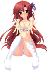Rule 34 | 1girl, absurdres, amami mikage, bare shoulders, blush, bow, bow bra, bra, breasts, brown hair, cleavage, hair ribbon, highres, kanna (plum), large breasts, lingerie, long hair, looking at viewer, no shoes, open mouth, outstretched hand, panties, red eyes, ribbon, sakura tale, simple background, solo, strap slip, thighhighs, underwear, underwear only, white background, white bra, white panties, white thighhighs