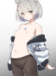 Rule 34 | 1girl, animal ears, breasts, cameltoe, cat ears, chest jewel, green eyes, grey hair, highres, jacket, kiikii (kitsukedokoro), looking at viewer, mio (xenoblade), navel, nipples, open clothes, open jacket, pantyhose, short hair, sidelocks, simple background, small breasts, solo, standing, white jacket, xenoblade chronicles (series), xenoblade chronicles 3