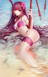 Rule 34 | 1girl, bikini, brown hair, derivative work, fate/grand order, fate (series), flower, hair flower, hair ornament, haohe buguo, hibiscus, highres, long hair, looking at viewer, parted lips, partially submerged, pink bikini, red eyes, scathach (fate), scathach (fate), scathach (swimsuit assassin) (fate), smile, solo, swimsuit, water